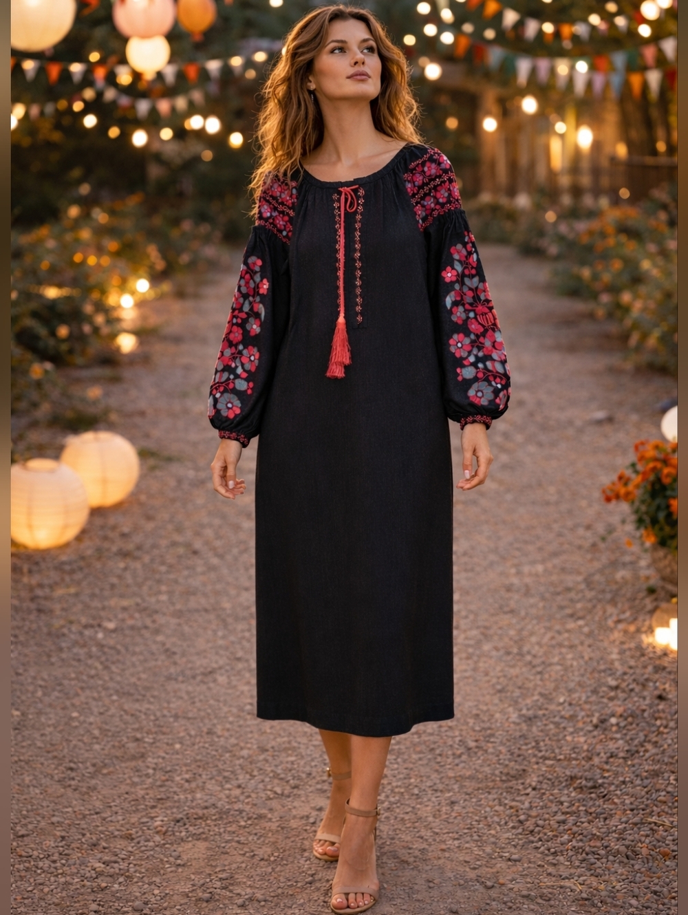 Ukrainian Black Floral Embroidered Boho Peasant Dress with Pink Tassel 20" PTP